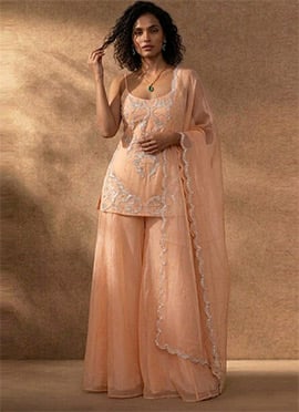 Charming Peach Organza Zari Sequins Palazzo Suit