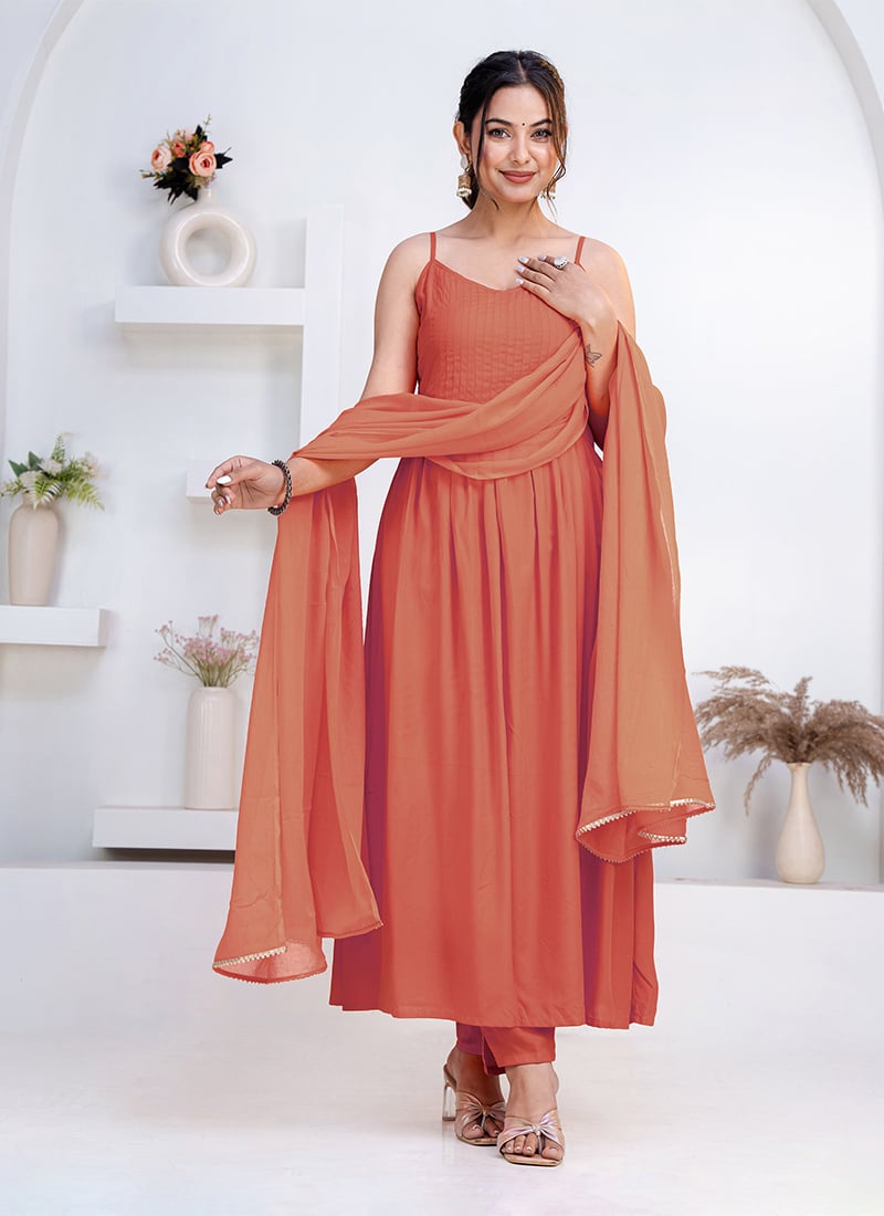 Charming Peach Rayon Anarkali Suit After Six Wear
