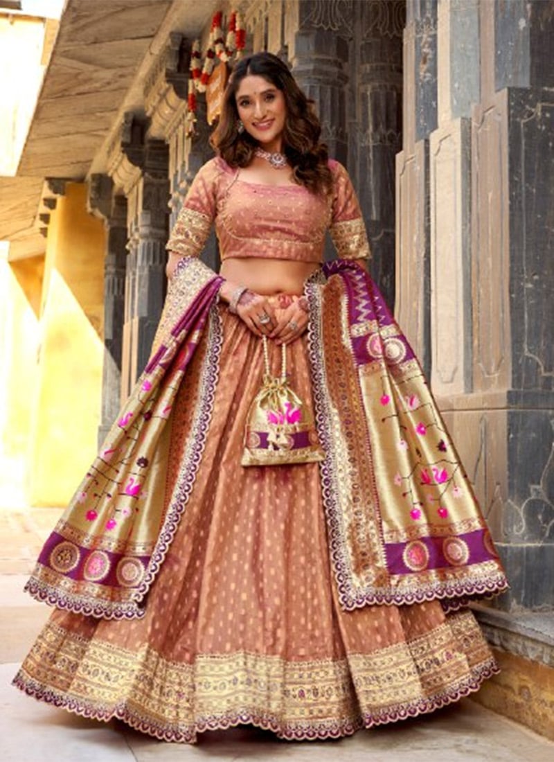Charming Peach Shimmer Organza Zari Embroidered Sequins Lehenga Wedding Wear