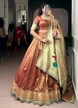 Charming Peach Shimmer Organza Zari Jacquard Woven Umbrella Lehenga