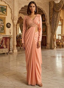 Charming Peach Silk Beads Sequins Hand Embroidered Saree