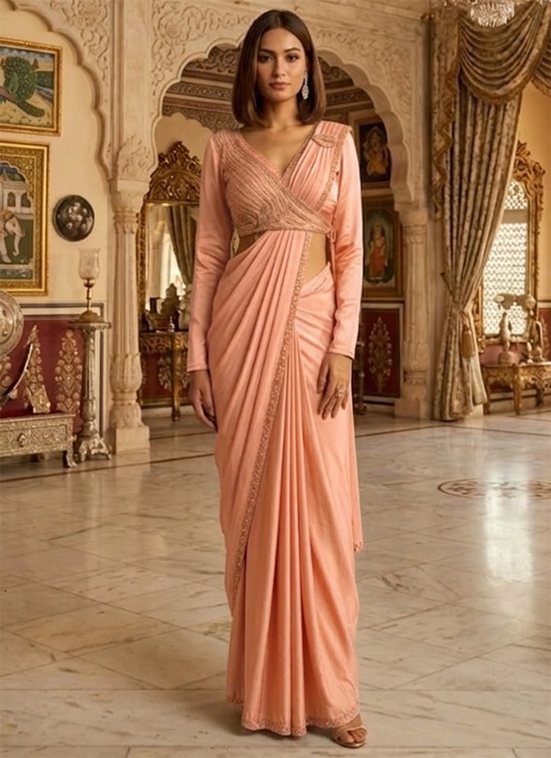 Charming Peach Silk Beads Sequins Hand Embroidered Saree Wedding Wear