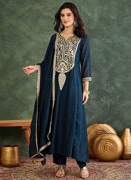 Charming Petrol Vichitra Silk Embroidered Straight Pant Suit