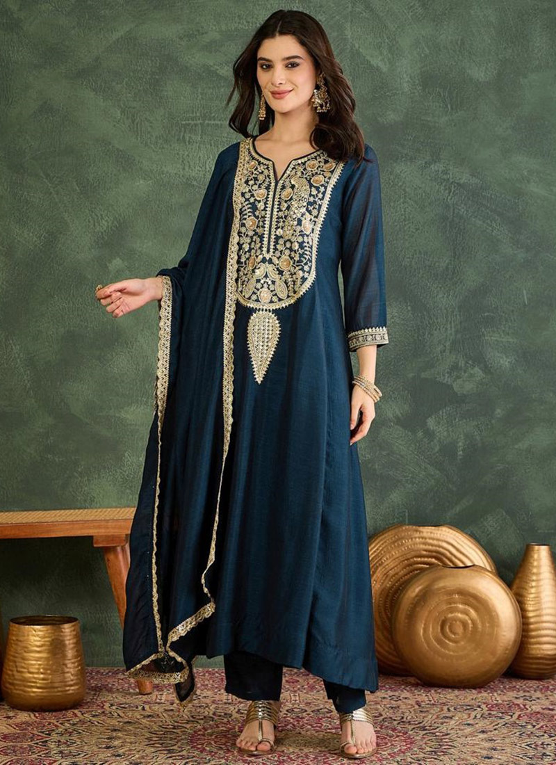 Charming Petrol Vichitra Silk Embroidered Straight Pant Suit After Six Wear