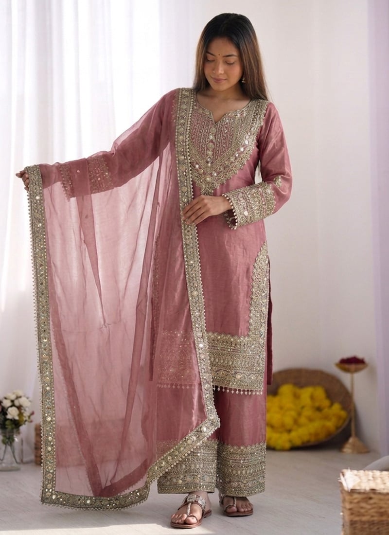 Charming Pink Art Silk Embroidered Sequins Palazzo Suit with Fancy Silk Lace Border After Six Wear