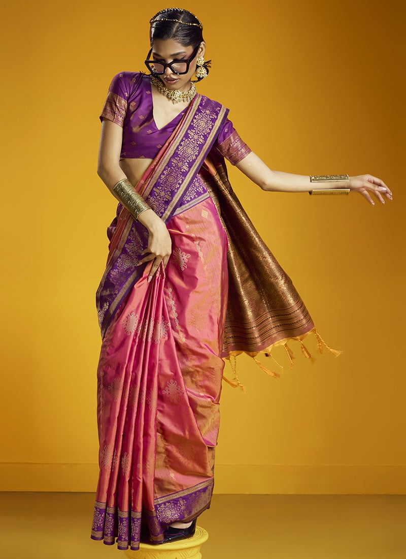 Charming Pink Art Silk Handloom Zari Weaving Saree Festive Wear