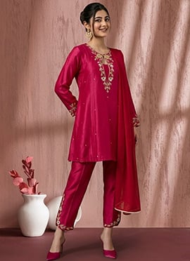 Charming Pink Art Silk Zari Sequins Straight Pant Suit