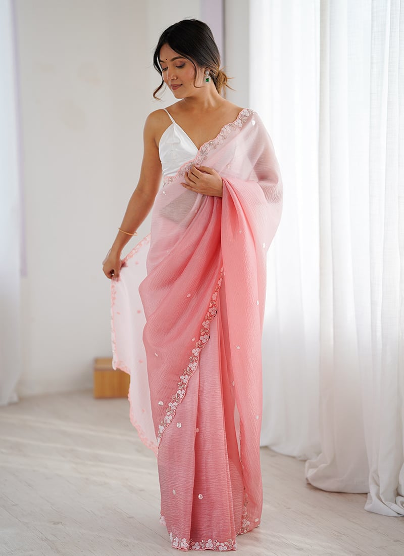Charming Pink Chiffon Crush Sequins Beads Cut Work Cutdana Saree After Six Wear