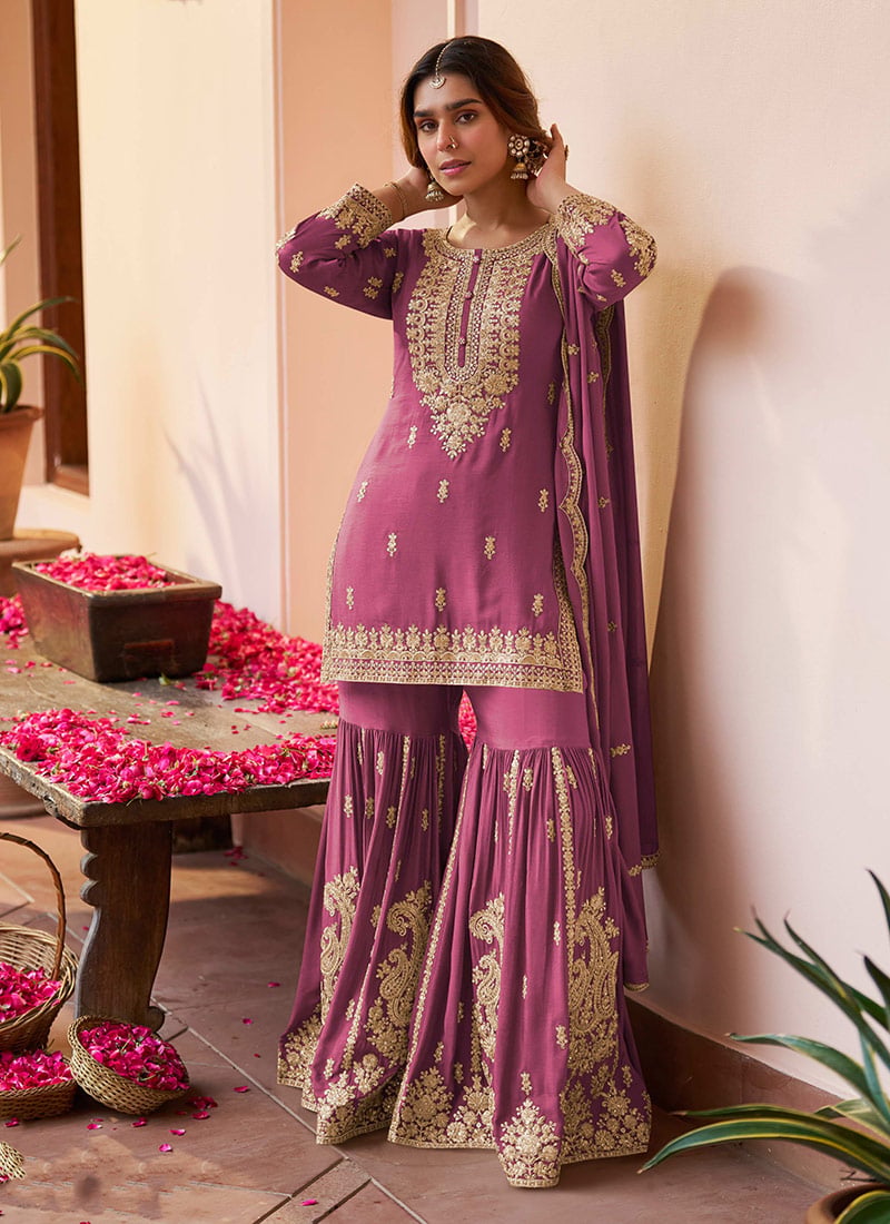 Charming Pink Chinon Designer Hand Embroidered Sharara Suit After Six Wear