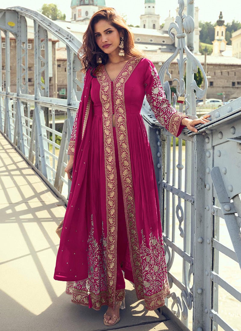 Charming Pink Chinon Embroidered Sequins Anarkali Suit Festive Wear