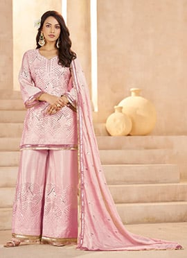 Charming Pink Chinon Embroidered Sequins Mirror Work Palazzo Suit