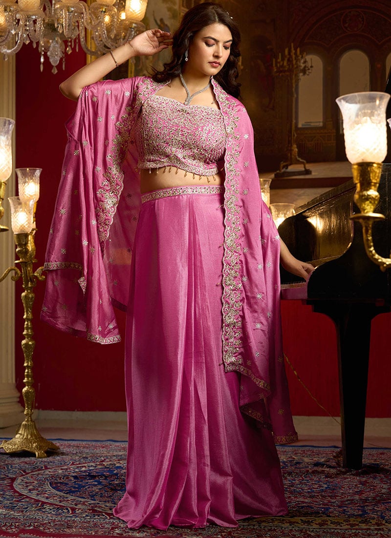 Charming Pink Chinon Silk Sequins Mirror Work Beads Indowestern Set and Suit Wedding Wear