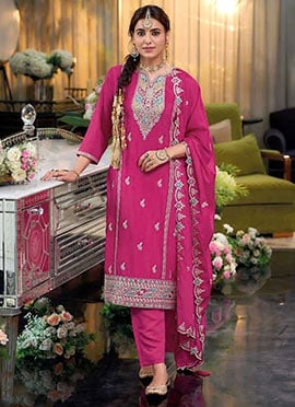 Charming Pink Chinon Silk Zari Embroidered Sequins Straight Pant Suit