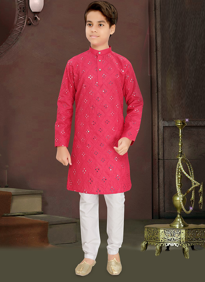 Charming Pink Cotton Blend Embroidered Foil Mirror Kids Boys Kurta Pyjama Festive Wear