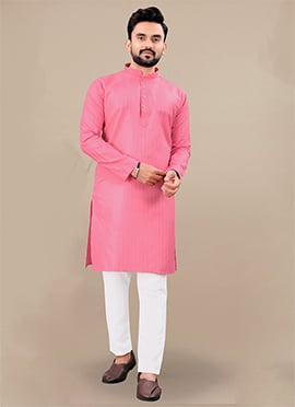 Charming Pink Cotton Blend Zari Kurta Pyjama