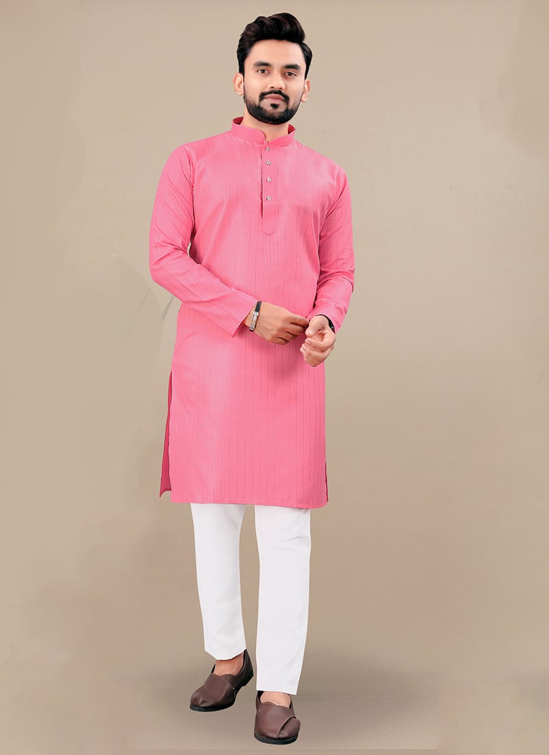Charming Pink Cotton Blend Zari Kurta Pyjama Festive Wear