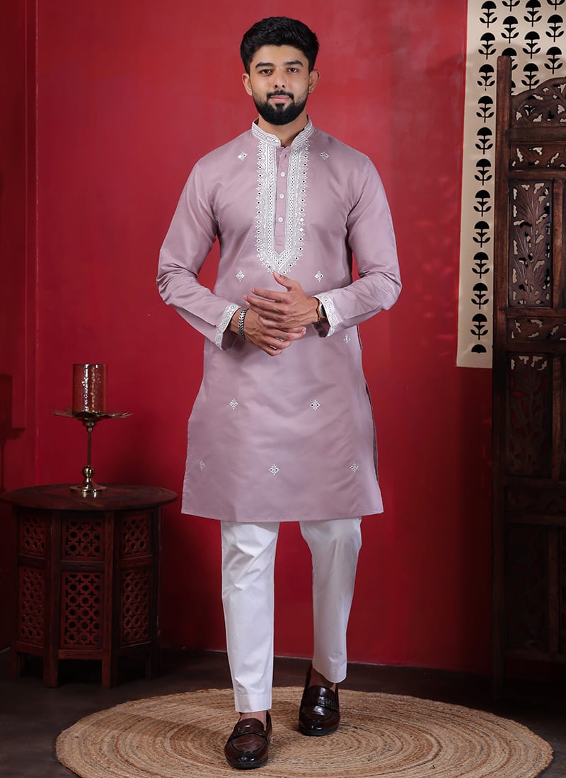 Charming Pink Cotton Embroidered Kurta Pyjama Festive Wear