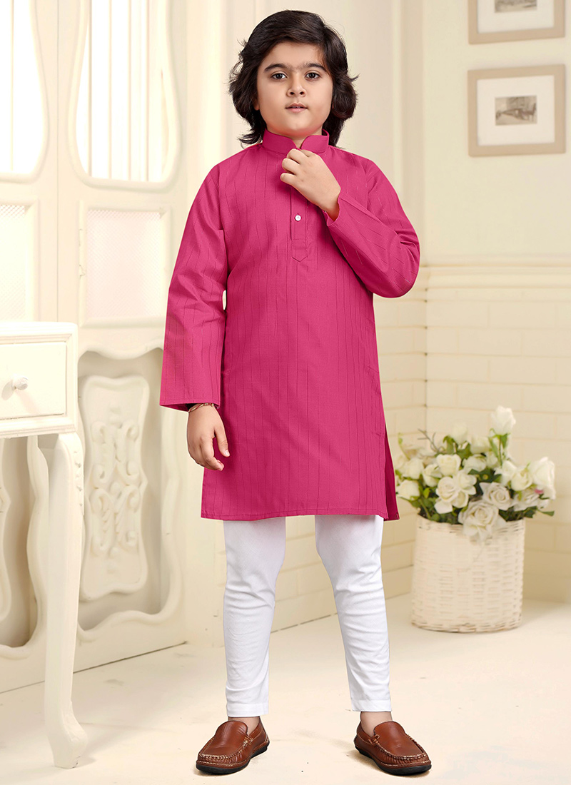 Charming Pink Cotton Kids Kurta Pyjama Set With Elegant Zari Accents Festive Wear
