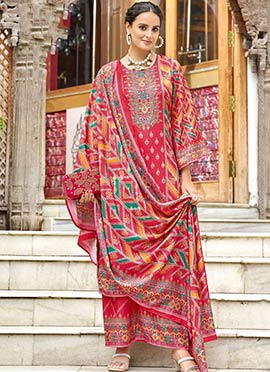 Charming Pink Crepe Silk Mirror Work Digital Print Palazzo Suit