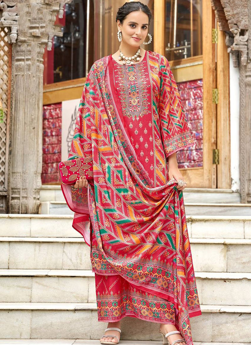 Charming Pink Crepe Silk Mirror Work Digital Print Palazzo Suit Festive Wear