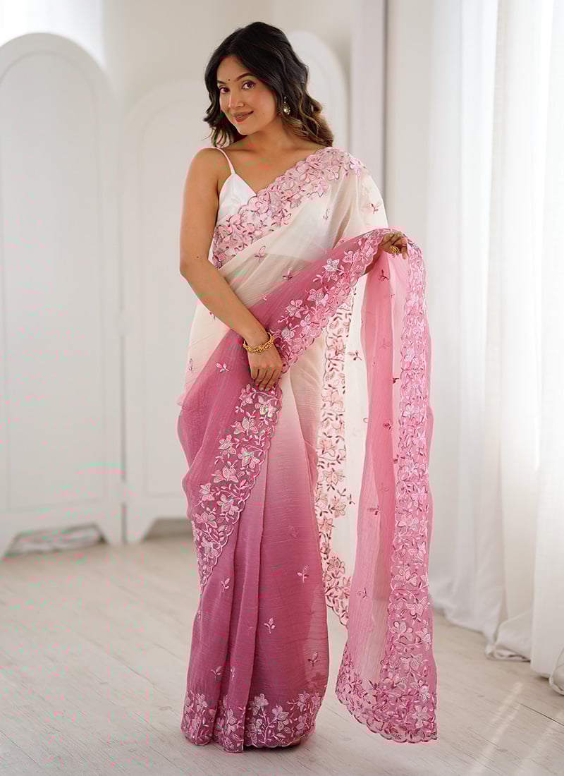 Charming Pink Crunchy Georgette Sequins Embroidered Thread Saree After Six Wear