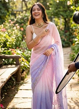 Charming Pink Crush Chiffon Sequins Moti Cutdana Work Saree