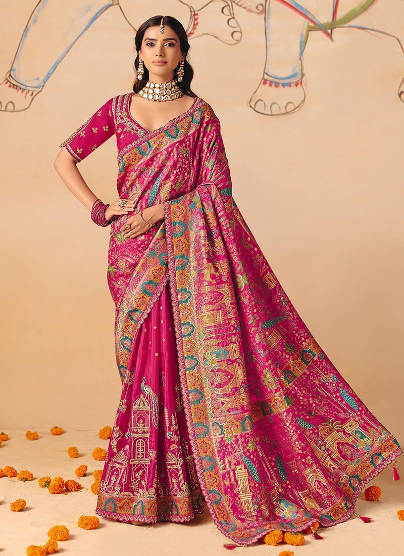 Charming Pink Dola Silk Zari Embroidered Sequins Cut Work Jacquard Print Saree Wedding Wear