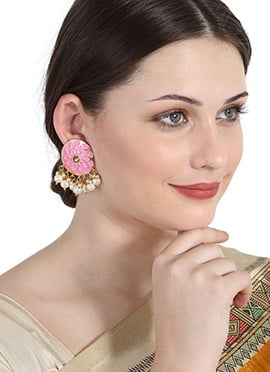 Charming Pink Enamelled Floral Shape Pearl And Stone Studs