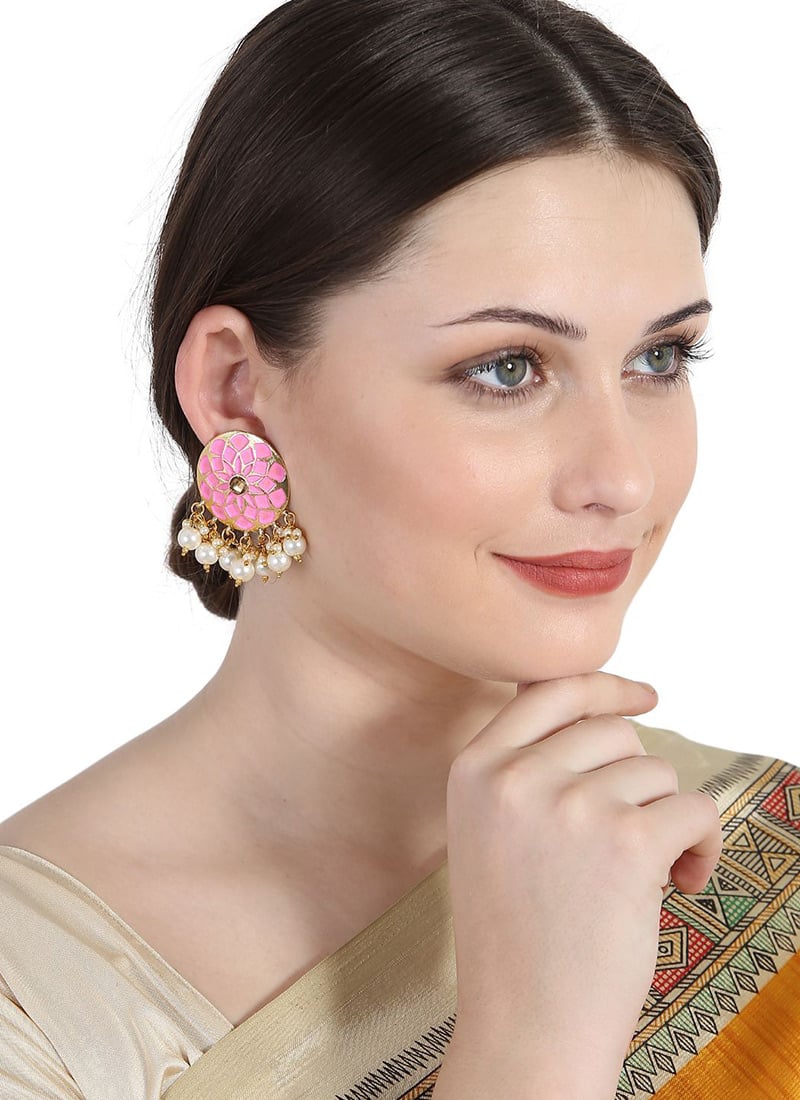 Charming Pink Enamelled Floral Shape Pearl And Stone Studs After Six Wear