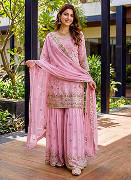 Charming Pink Faux Georgette Embroidered Sequins Sharara Suit