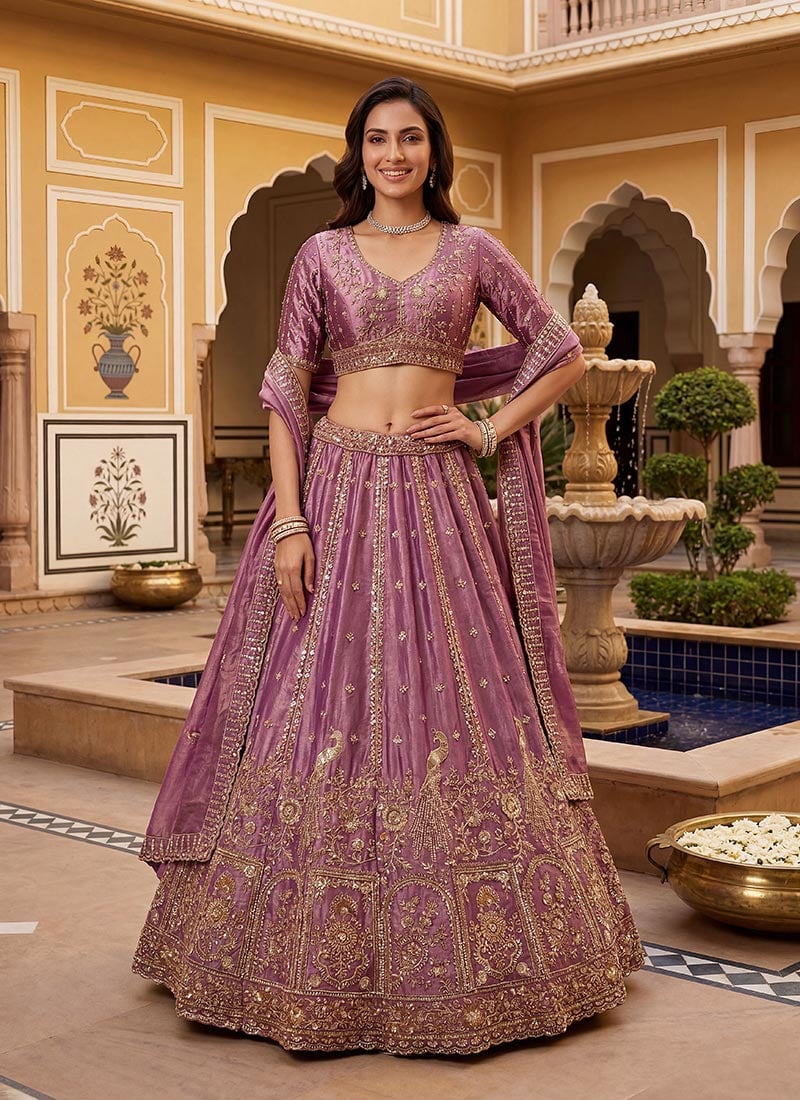 Charming Pink Fendy Organza Silk Sequins Zari Crystals Hand Embroidered Lehenga Wedding Wear