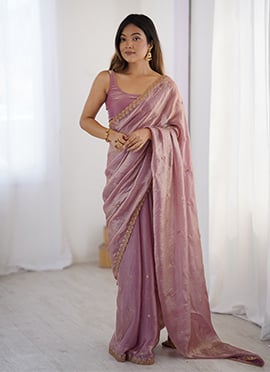 Charming Pink Fendy Satin Sequins Embroidered Saree