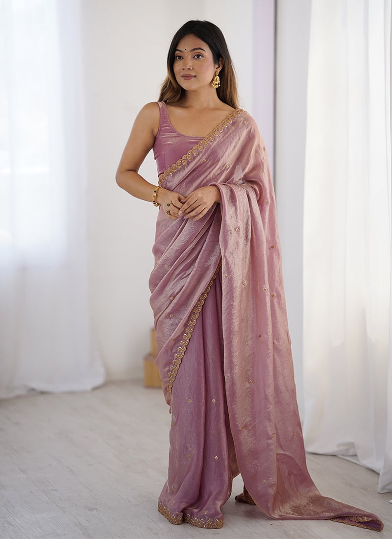 Charming Pink Fendy Satin Sequins Embroidered Saree After Six Wear