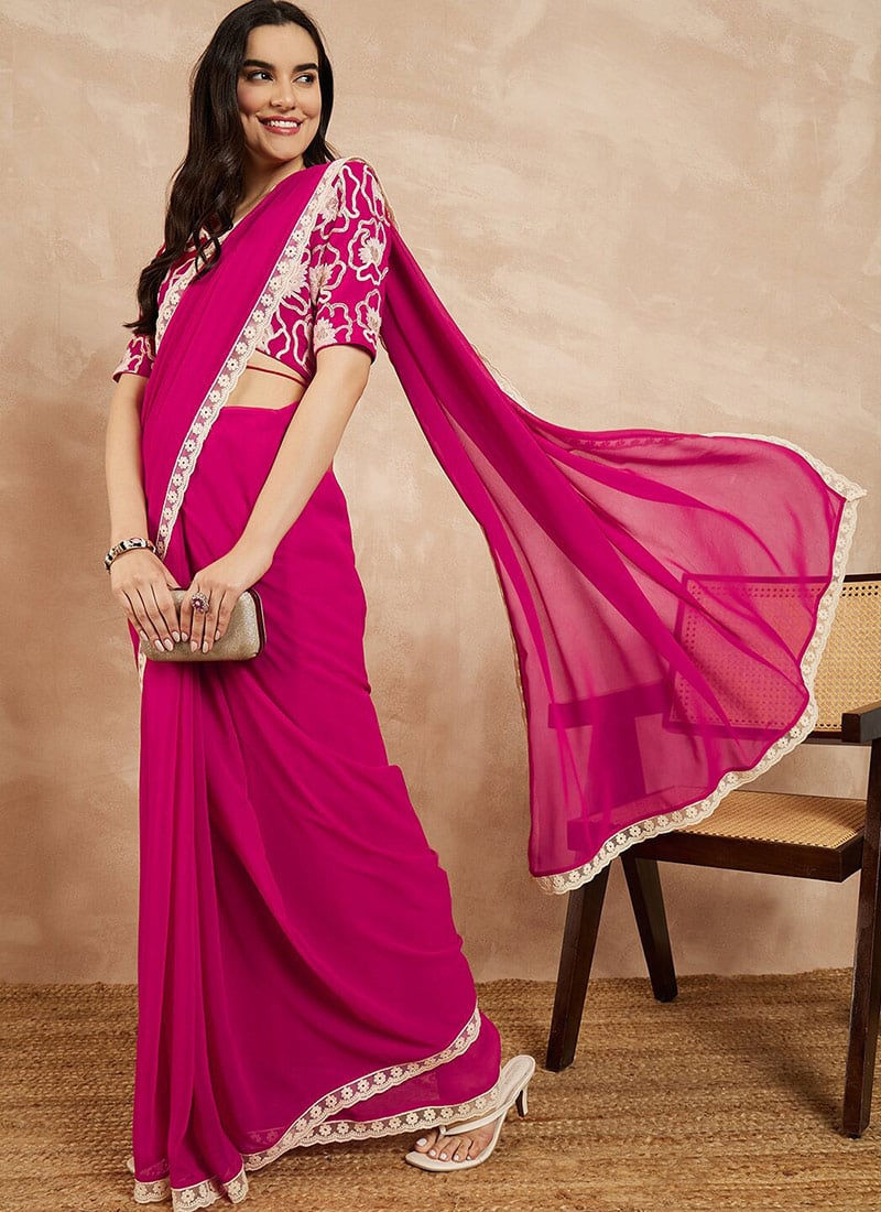 Charming Pink Georgette Embroidery Cut Work Lace Saree After Six Wear