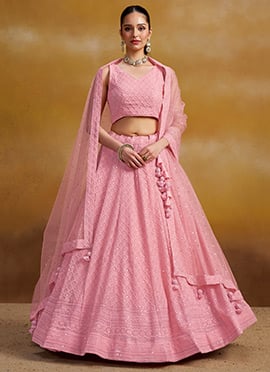 Charming Pink Georgette Sequins Embroidered Thread Umbrella Lehenga