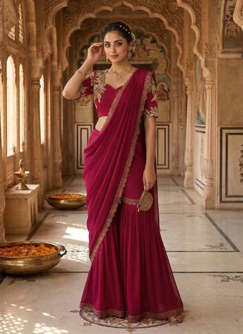 Charming Pink Georgette Zari Sequins Designer Sharara Style Saree Wedding Wear