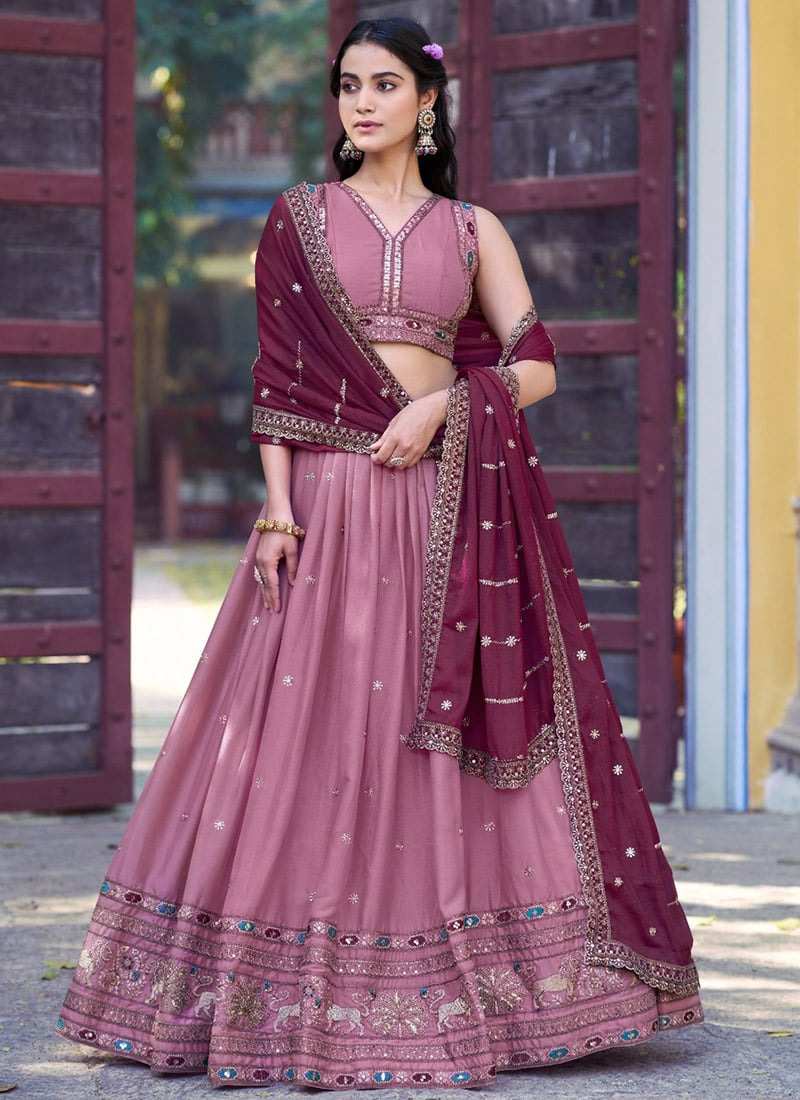 Charming Pink Georgette Zari Sequins Embroidered Resham Umbrella Lehenga Wedding Wear