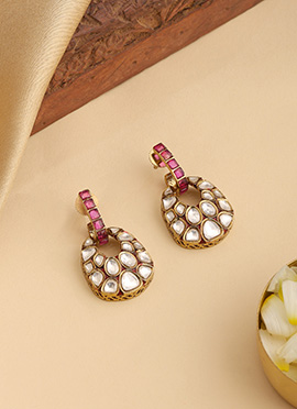 Charming Pink Kundan Hoops