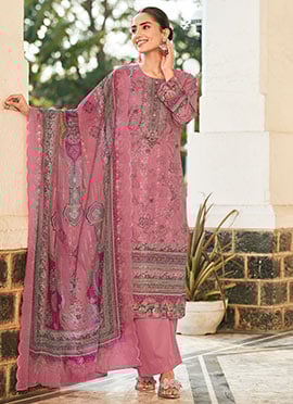 Charming Pink Lawn Cotton Digital Print Straight Pant Suit