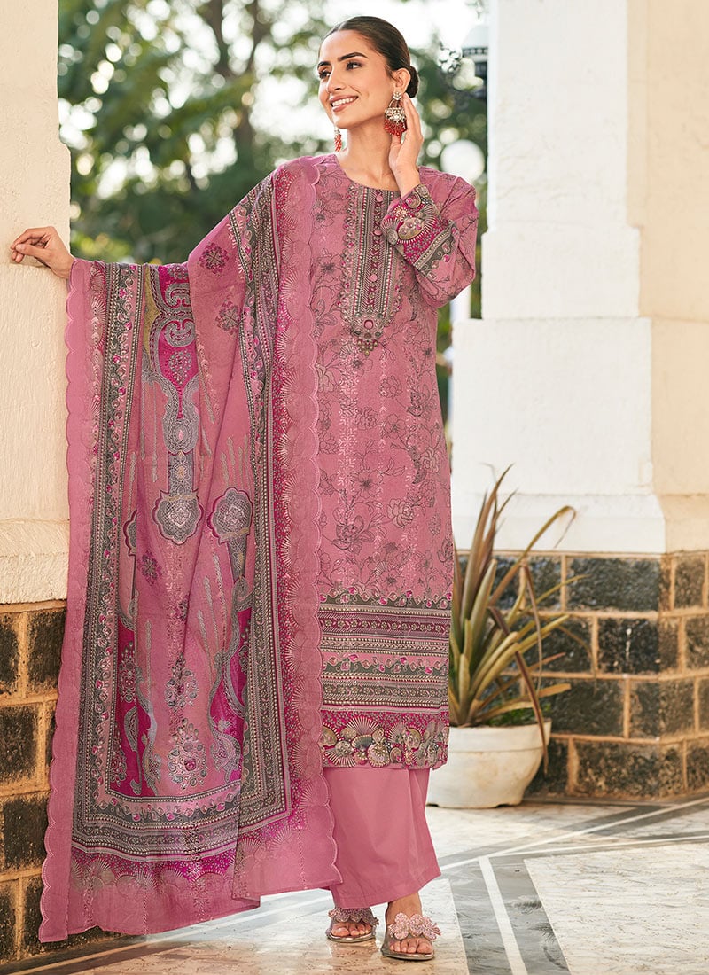 Charming Pink Lawn Cotton Digital Print Straight Pant Suit After Six Wear