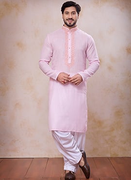 Charming Pink Linen Cotton Embroidered Kurta Pyjama