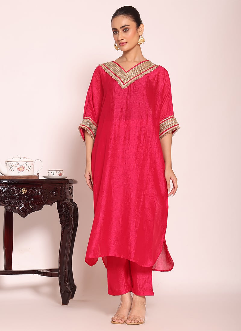 Charming Pink Poly Silk Embroidered Kurta Straight Pant Set After Six Wear