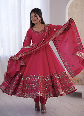 Charming Pink Roman Silk Embroidered Sequins Anarkali Suit