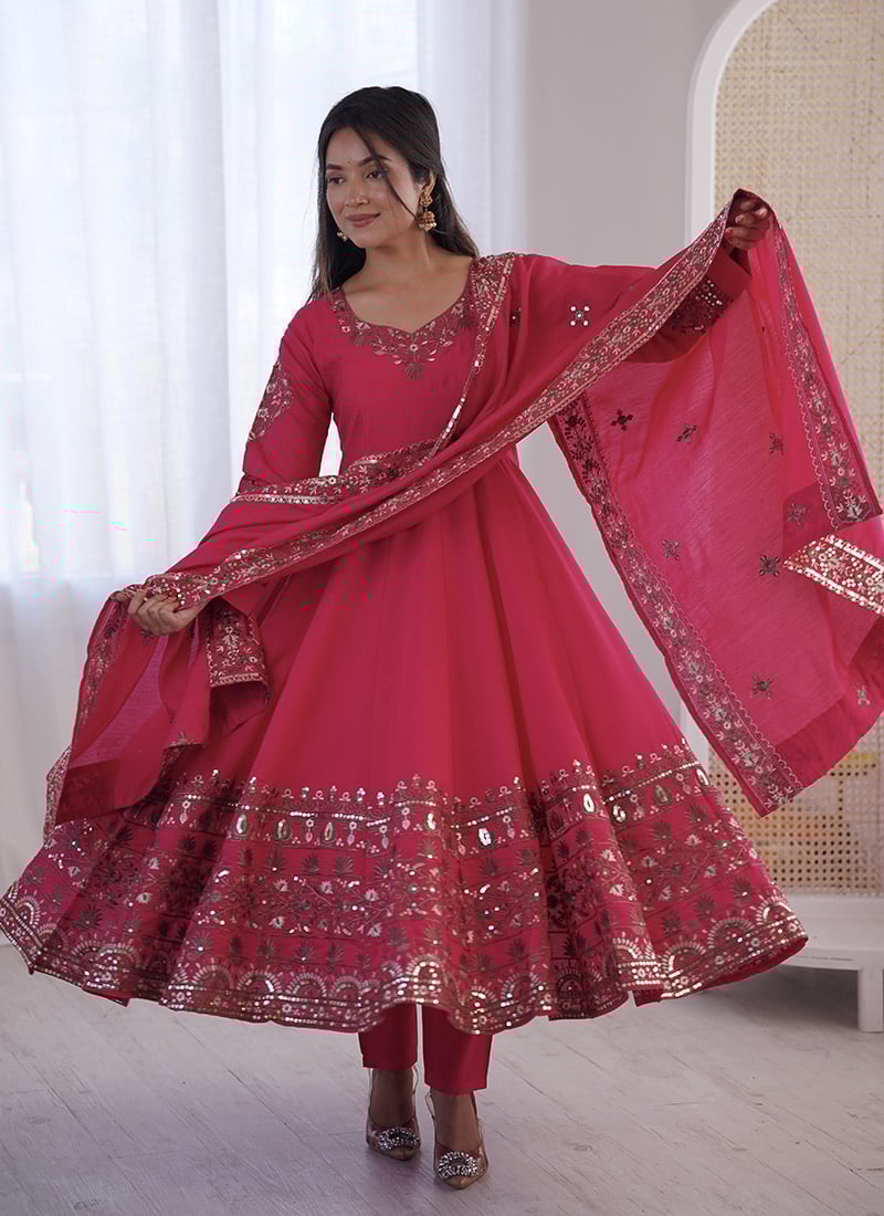 Charming Pink Roman Silk Embroidered Sequins Anarkali Suit Festive Wear
