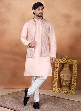 Charming Pink Satin Blend Jacquard Bandhgala Jacket