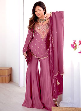 Charming Pink Shimmer Silk Embroidered Sequins Beads Thread Palazzo Suit