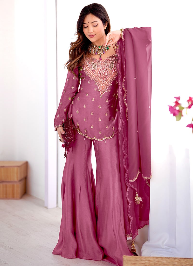 Charming Pink Shimmer Silk Embroidered Sequins Beads Thread Palazzo Suit Festive Wear