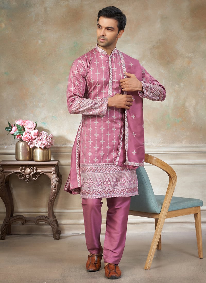 Charming Pink Silk Embroidered Kurta Pyjama Wedding Wear