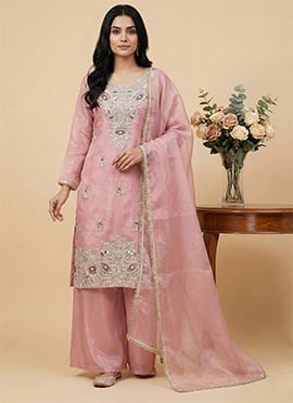Charming Pink Silk Embroidered Sequins Palazzo Suit