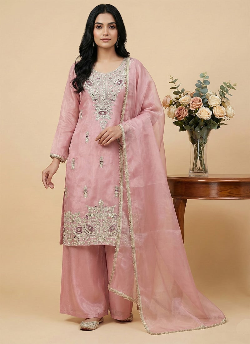 Charming Pink Silk Embroidered Sequins Palazzo Suit Festive Wear